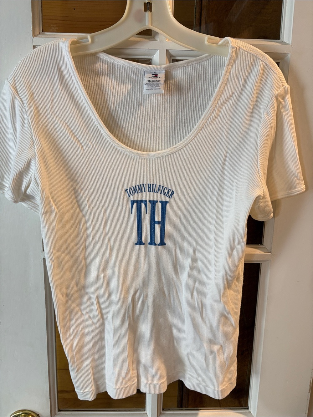 Tommy Hilfiger White Ribbed Scoop Neck Tee with Blue TH Logo